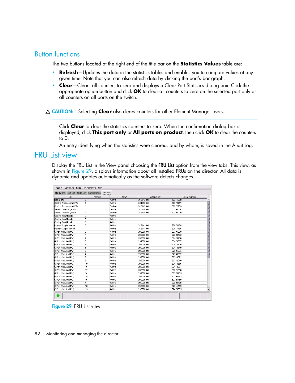 Button functions, Fru list view, Figure 29 fru list view | 29 fru list view | HP StorageWorks 2.140 Director Switch User Manual | Page 82 / 246