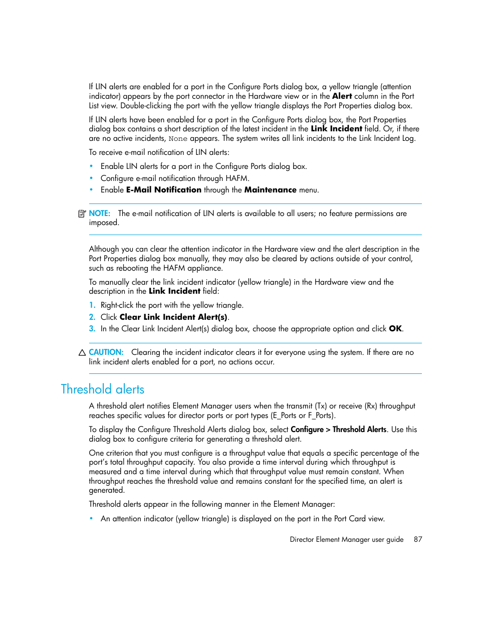 Threshold alerts | HP StorageWorks 2.140 Director Switch User Manual | Page 87 / 246