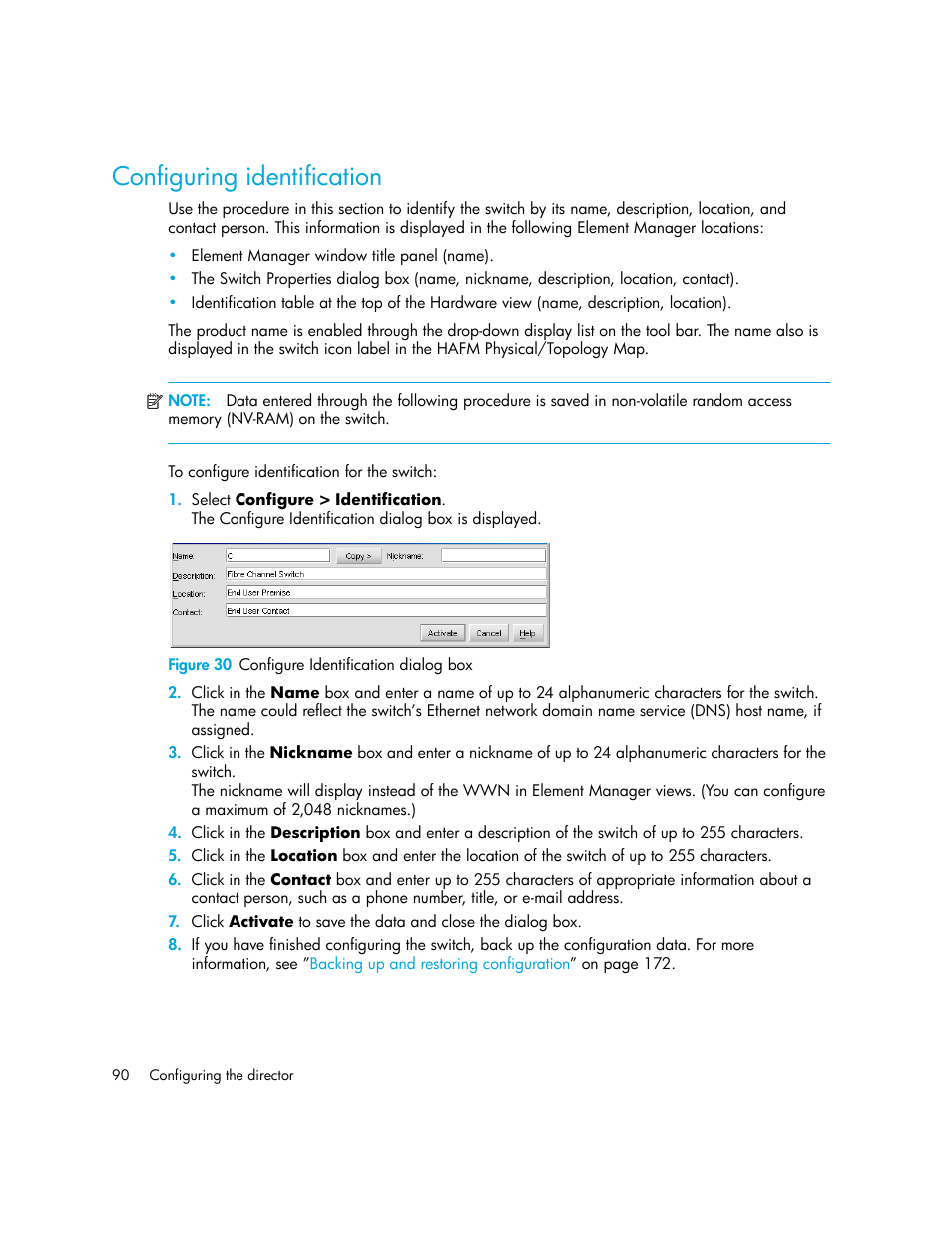 Configuring identification, Figure 30 configure identification dialog box, 30 configure identification dialog box | HP StorageWorks 2.140 Director Switch User Manual | Page 90 / 246