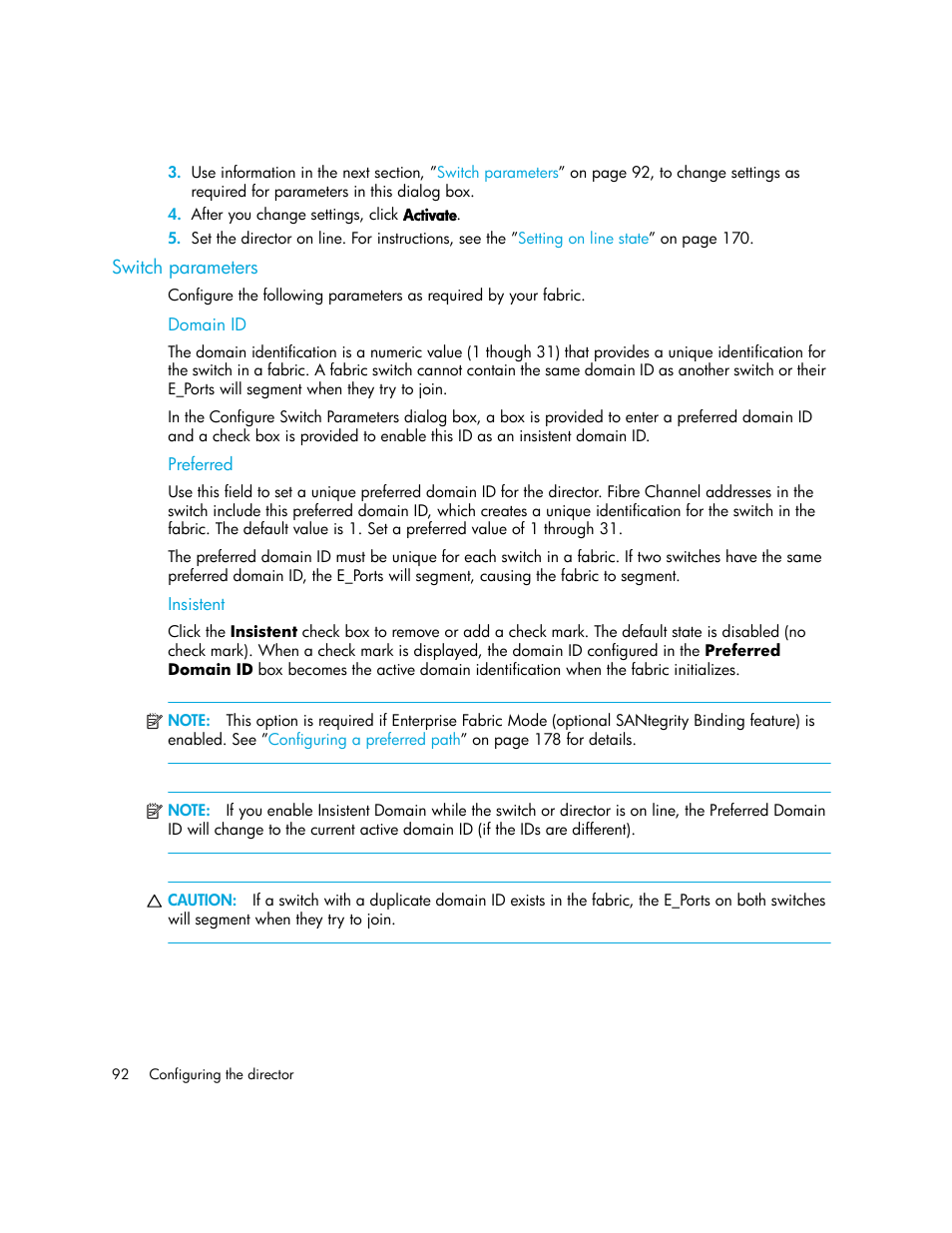 Switch parameters, Domain id, Preferred | Insistent | HP StorageWorks 2.140 Director Switch User Manual | Page 92 / 246