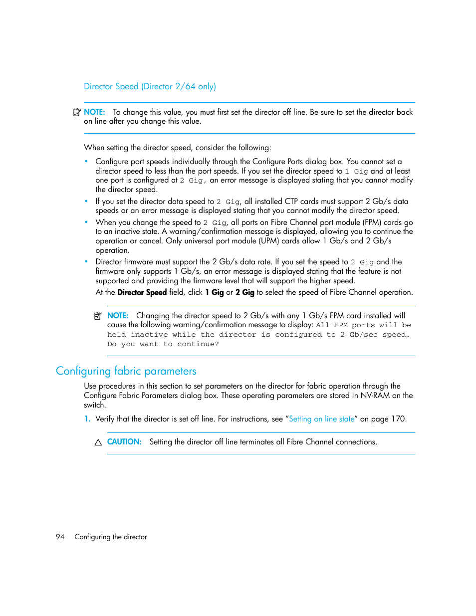 Director speed (director 2/64 only), Configuring fabric parameters | HP StorageWorks 2.140 Director Switch User Manual | Page 94 / 246
