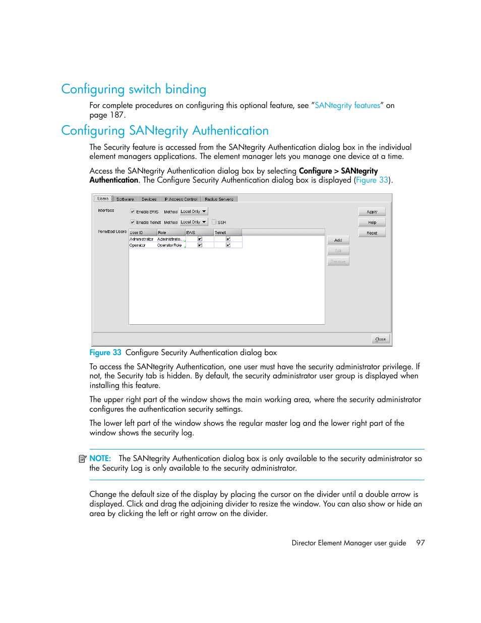 Configuring switch binding, Configuring santegrity authentication, 33 configure security authentication dialog box | HP StorageWorks 2.140 Director Switch User Manual | Page 97 / 246