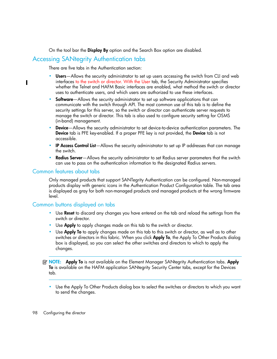 Accessing santegrity authentication tabs, Common features about tabs, Common buttons displayed on tabs | HP StorageWorks 2.140 Director Switch User Manual | Page 98 / 246