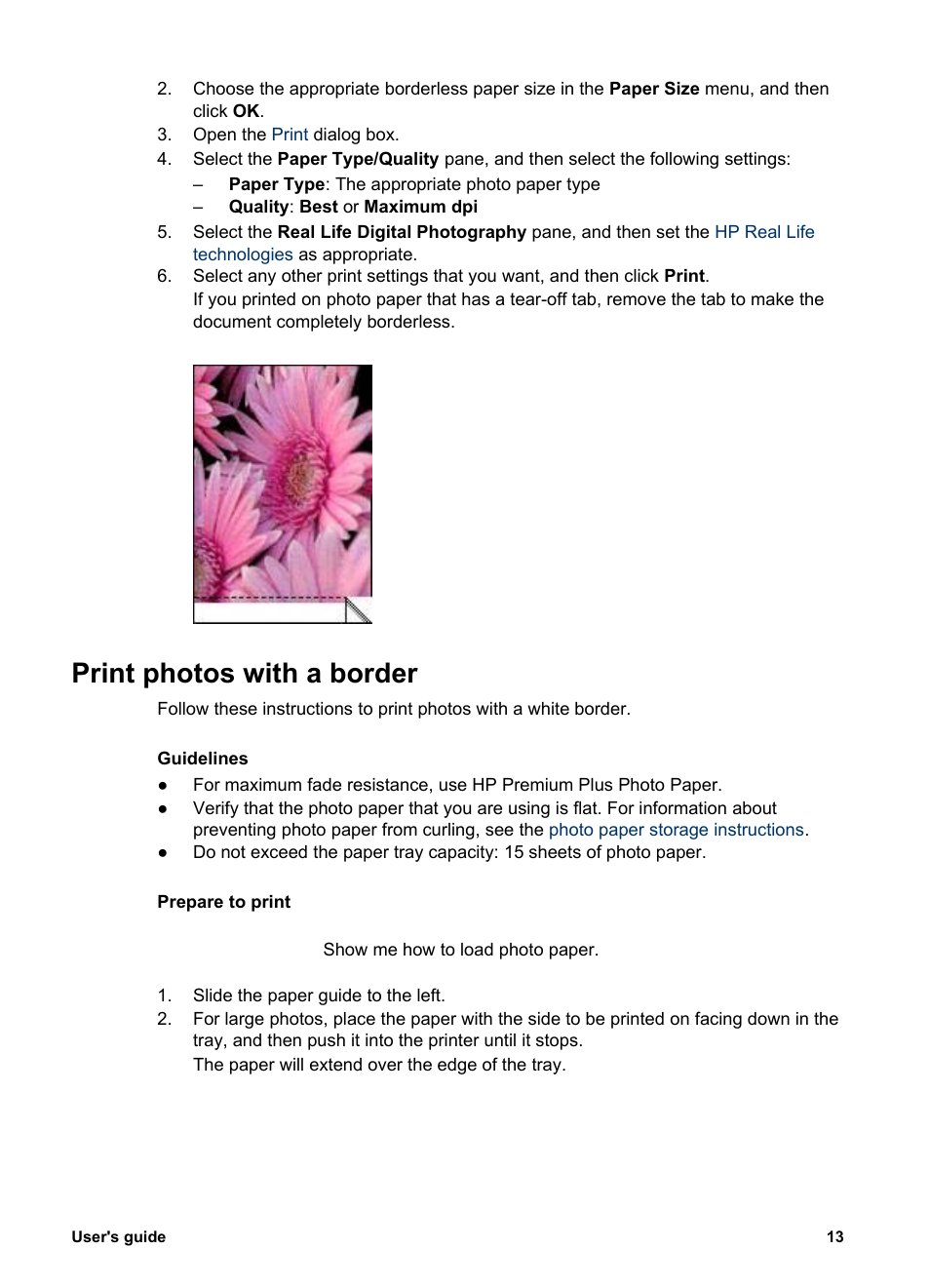 Print photos with a border, Border | HP Deskjet 3930 Color Inkjet Printer User Manual | Page 15 / 62