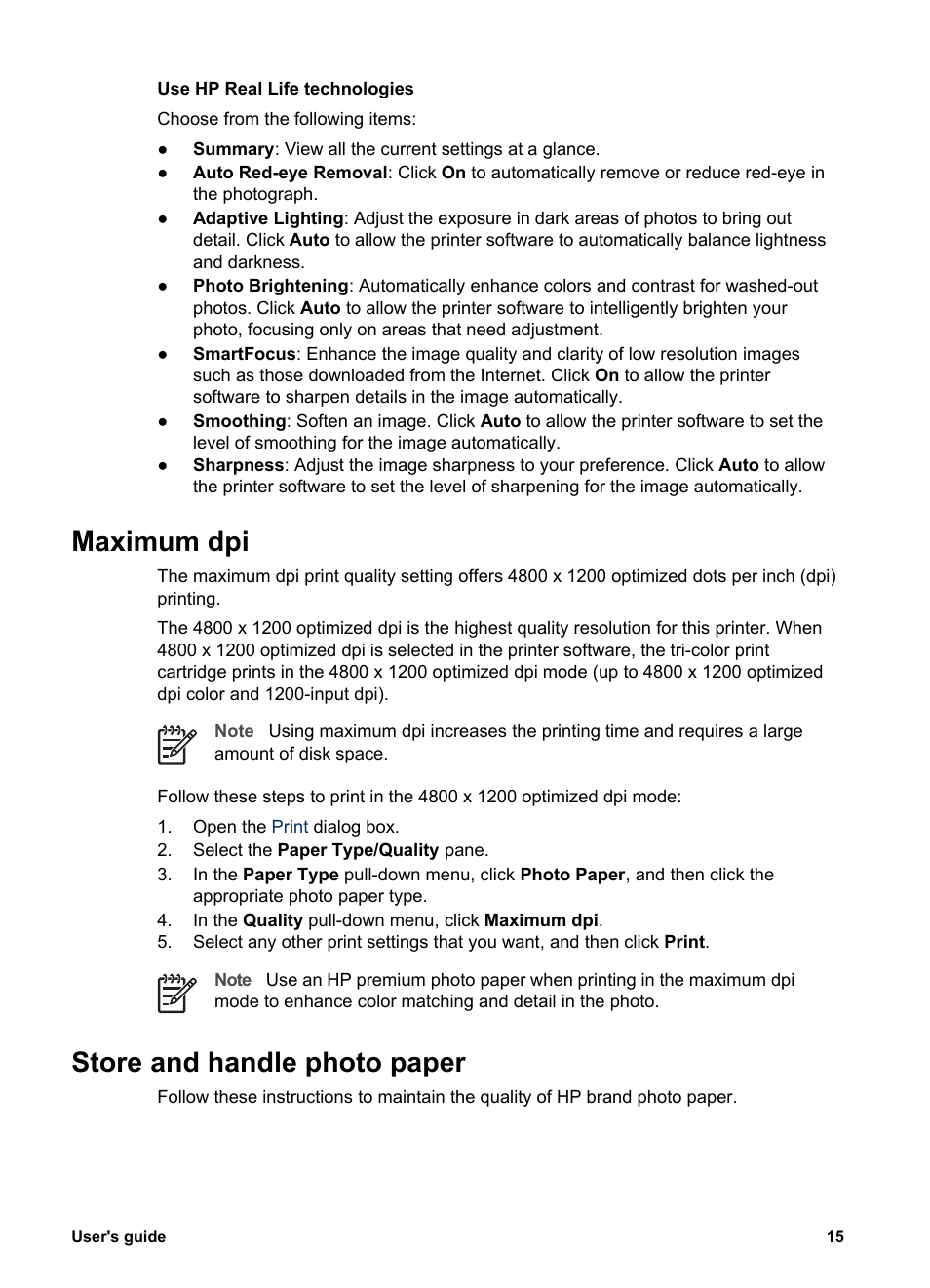 Maximum dpi, Store and handle photo paper, Maximum dpi store and handle photo paper | With, Photo paper storage and, Handling guidelines, Hp real life, Technologies, As appropriate, Photo paper storage instructions | HP Deskjet 3930 Color Inkjet Printer User Manual | Page 17 / 62