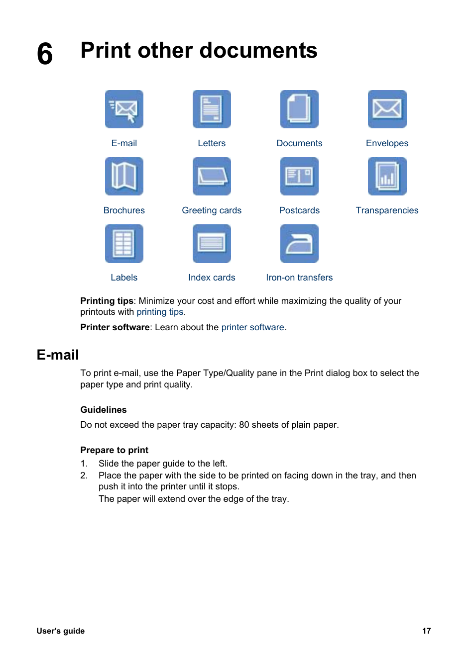 Print other documents, E-mail, Print other documents e-mail | HP Deskjet 3930 Color Inkjet Printer User Manual | Page 19 / 62