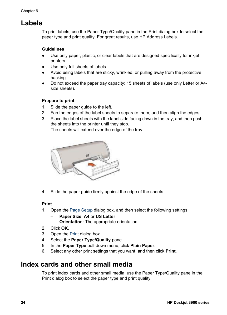 Labels, Index cards and other small media, Labels index cards and other small media | Index cards | HP Deskjet 3930 Color Inkjet Printer User Manual | Page 26 / 62