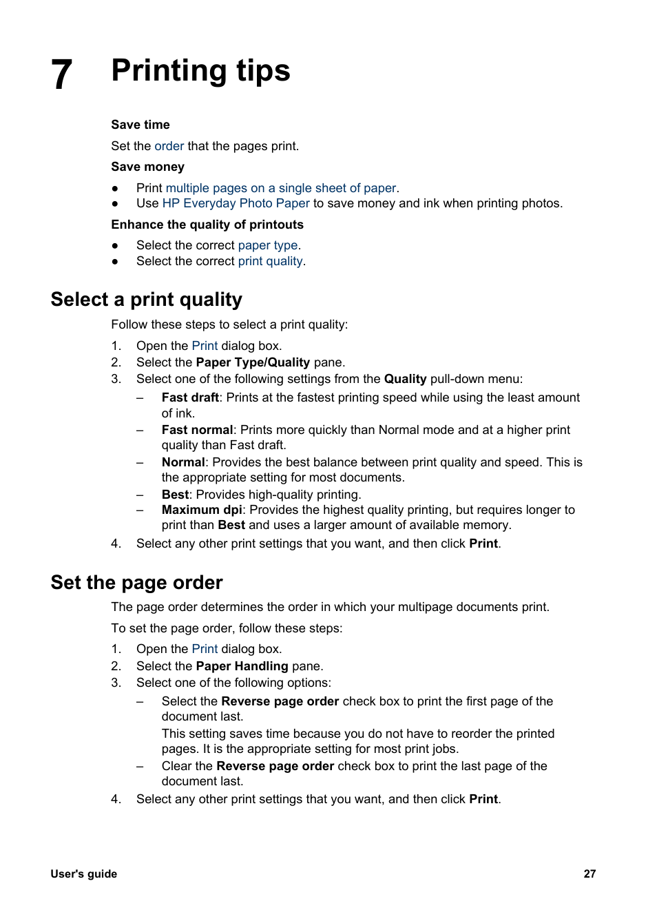 Printing tips, Select a print quality, Print quality | Set the page order | HP Deskjet 3930 Color Inkjet Printer User Manual | Page 29 / 62