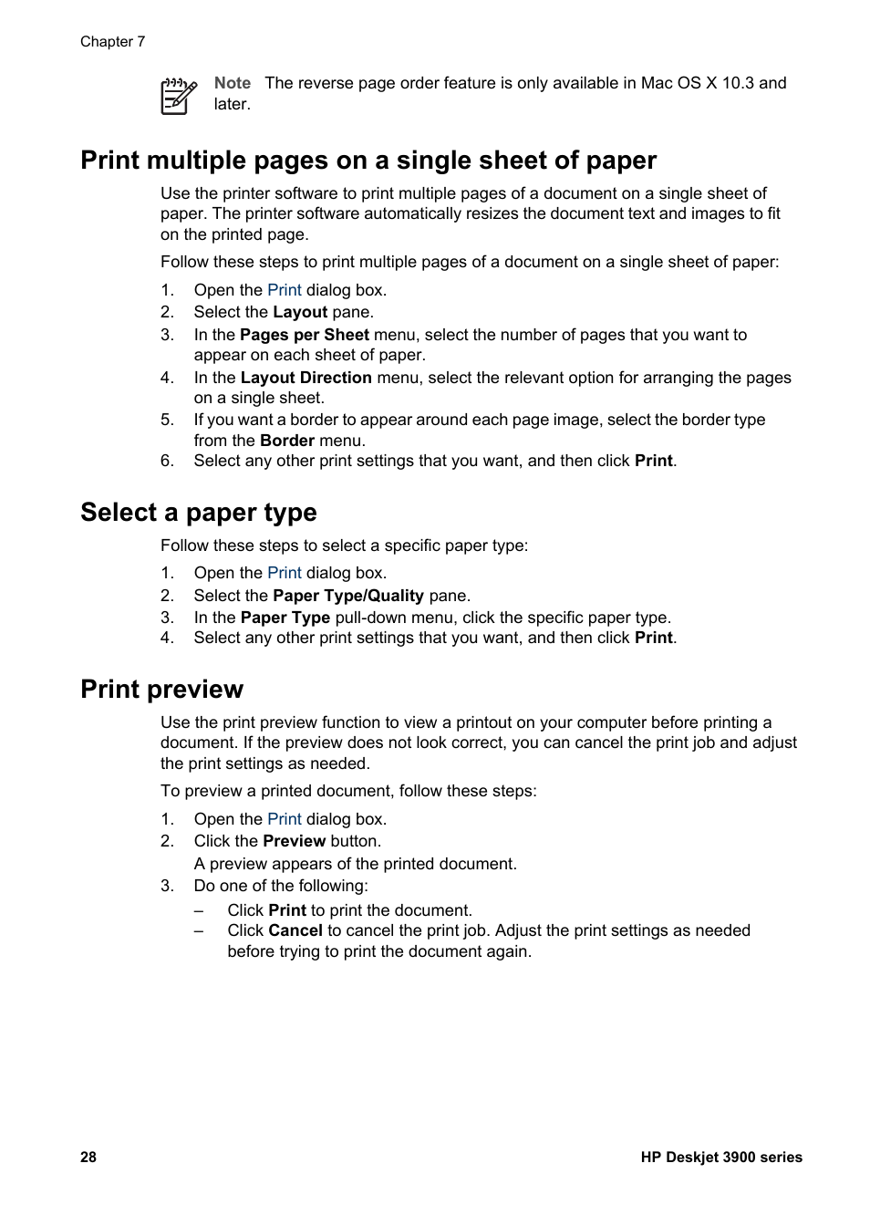Select a paper type, Print preview, Paper type | Print multiple pages on a single sheet of paper | HP Deskjet 3930 Color Inkjet Printer User Manual | Page 30 / 62