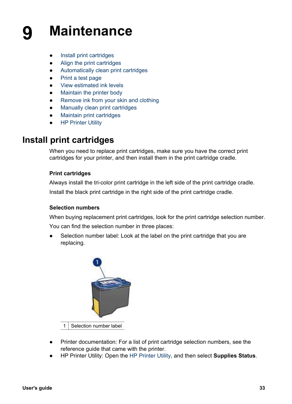 Maintenance, Install print cartridges, Maintenance install print cartridges | Print cartridge, Installation | HP Deskjet 3930 Color Inkjet Printer User Manual | Page 35 / 62