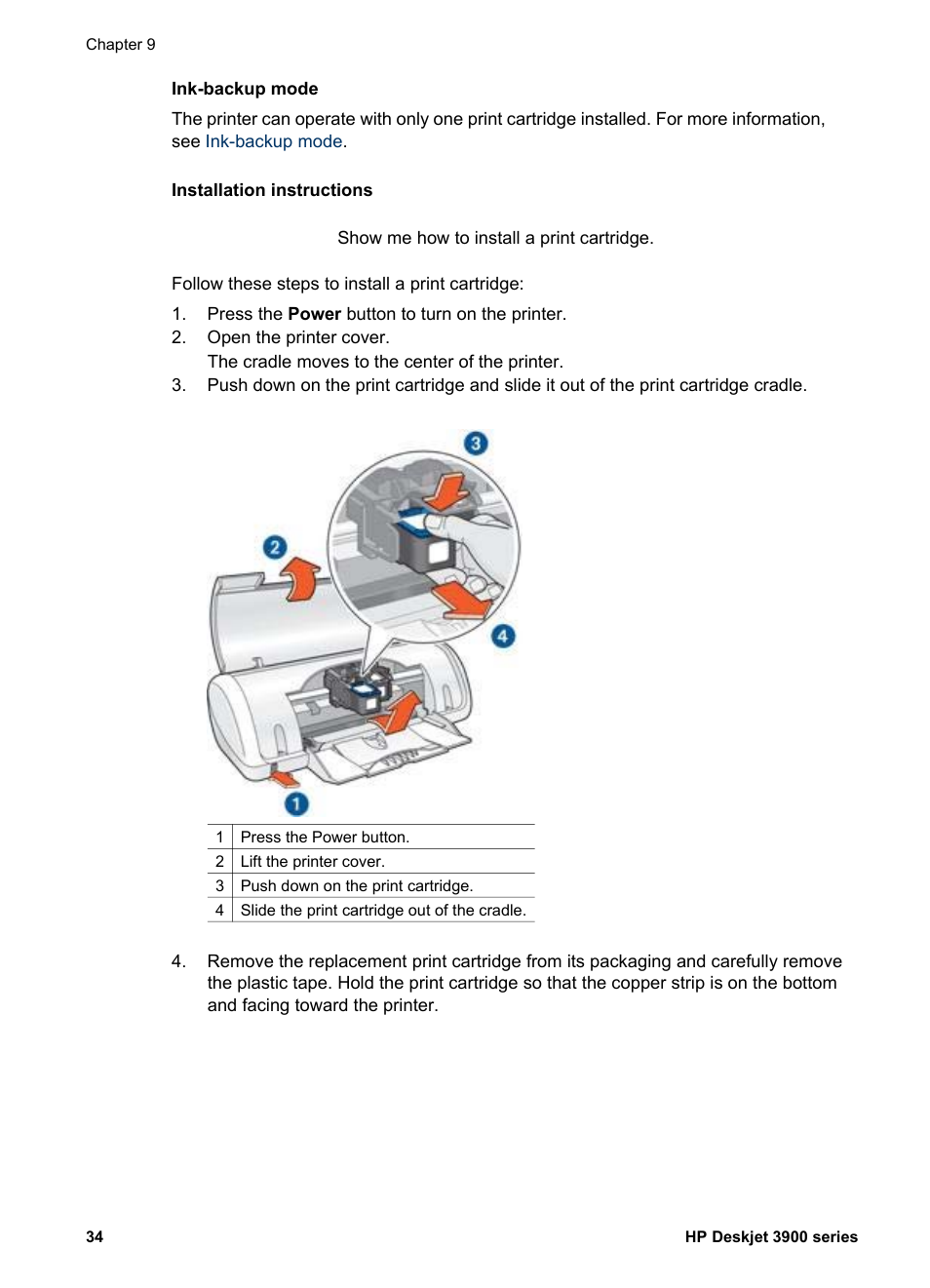 See the, Print cartridge installation | HP Deskjet 3930 Color Inkjet Printer User Manual | Page 36 / 62