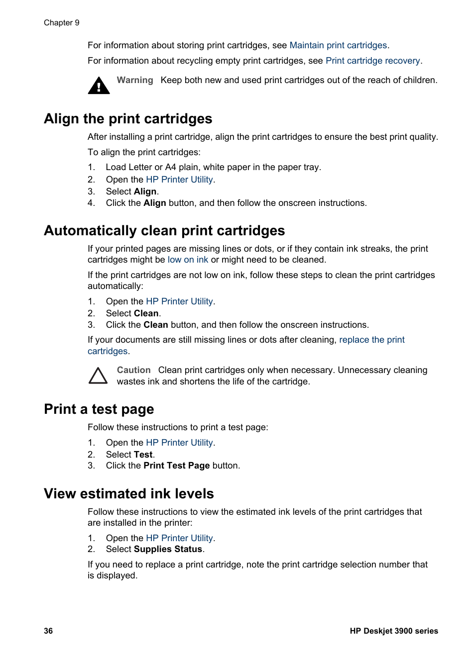 Align the print cartridges, Automatically clean print cartridges, View estimated ink levels | Ink level indicator, Print a test page | HP Deskjet 3930 Color Inkjet Printer User Manual | Page 38 / 62