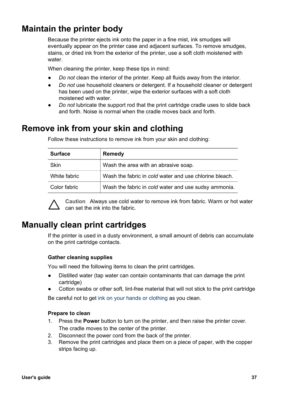 Maintain the printer body, Remove ink from your skin and clothing, Manually clean print cartridges | HP Deskjet 3930 Color Inkjet Printer User Manual | Page 39 / 62