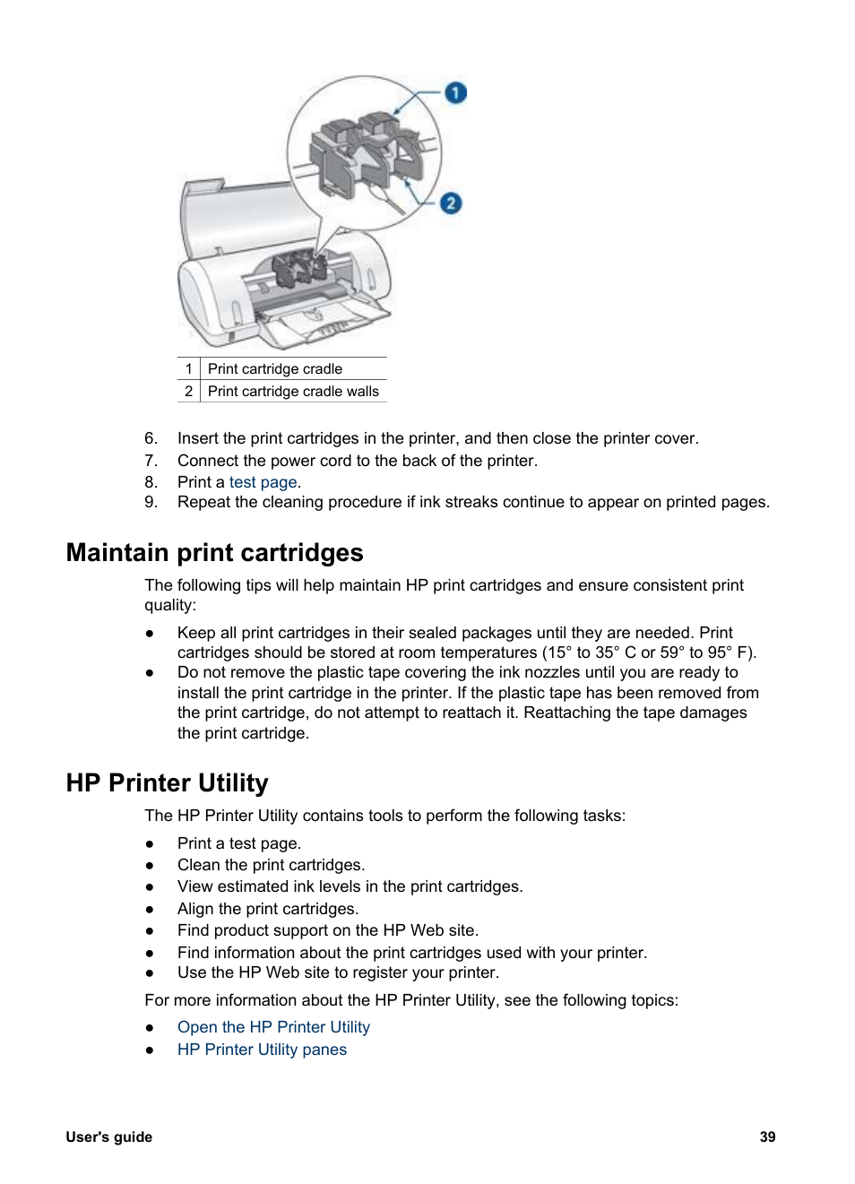 Maintain print cartridges, Hp printer utility, Maintain print cartridges hp printer utility | And then select the, And then select | HP Deskjet 3930 Color Inkjet Printer User Manual | Page 41 / 62