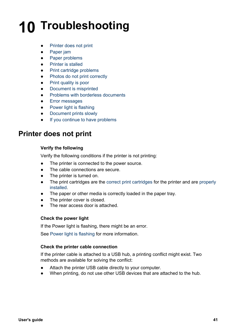 Troubleshooting, Printer does not print, 10 troubleshooting | HP Deskjet 3930 Color Inkjet Printer User Manual | Page 43 / 62