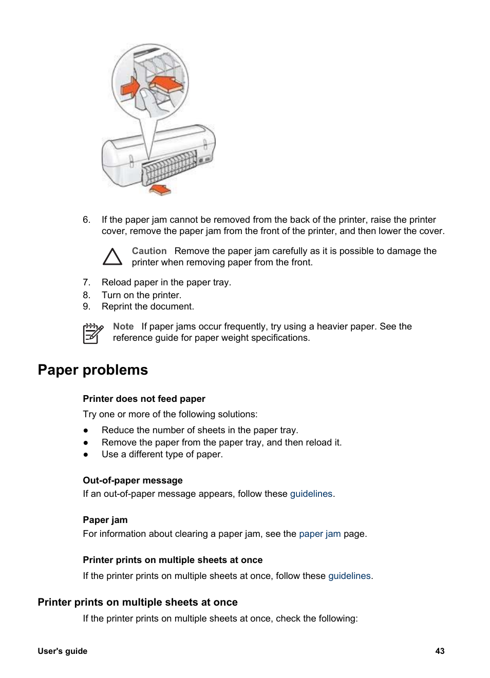 Paper problems, Printer prints on multiple sheets at once, Out-of-paper message | HP Deskjet 3930 Color Inkjet Printer User Manual | Page 45 / 62