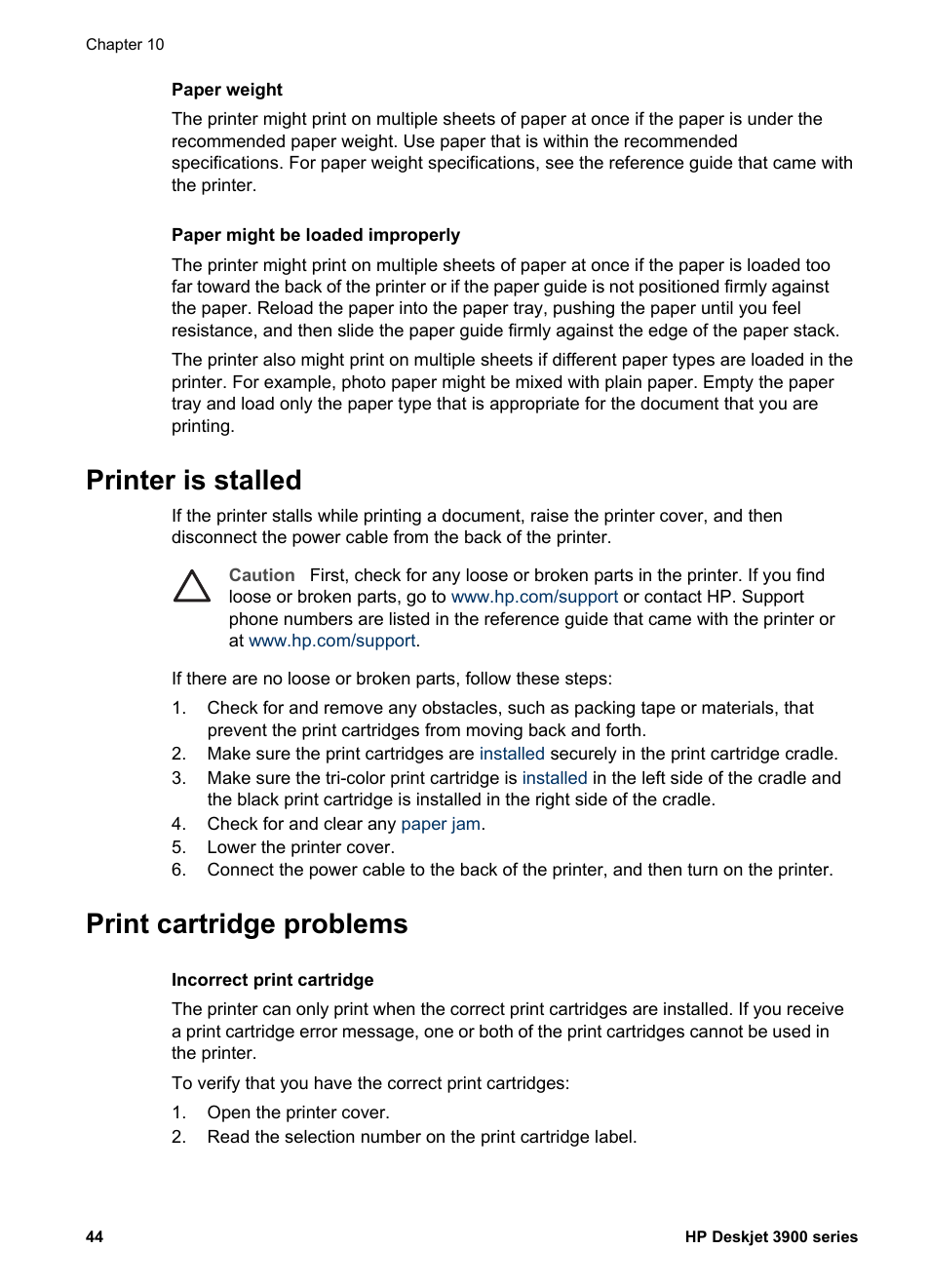 Printer is stalled, Print cartridge problems, Printer is stalled print cartridge problems | HP Deskjet 3930 Color Inkjet Printer User Manual | Page 46 / 62