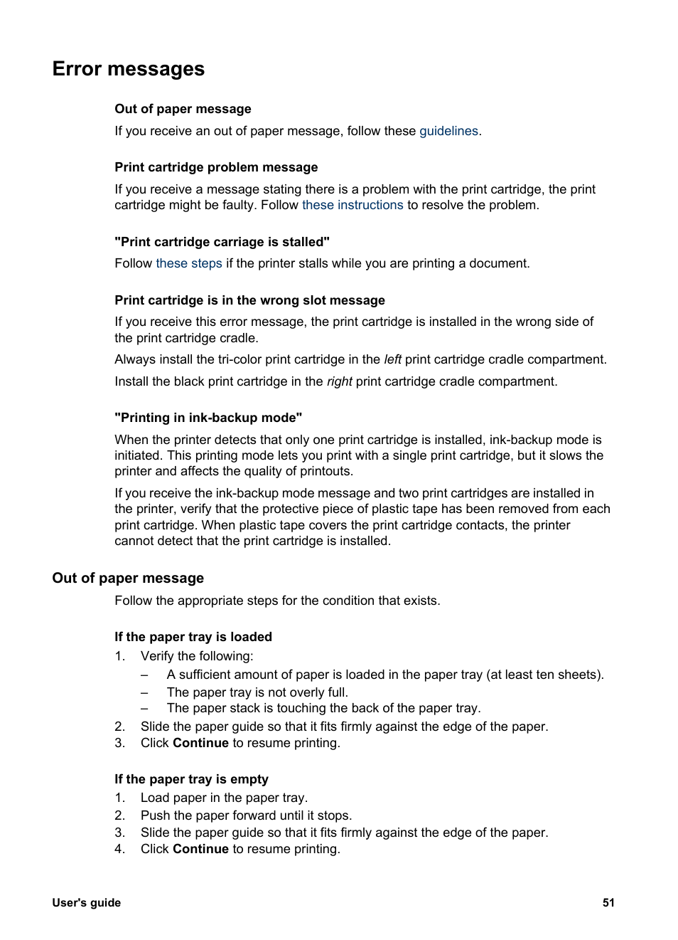 Error messages, Out of paper message, Follow these | Guidelines | HP Deskjet 3930 Color Inkjet Printer User Manual | Page 53 / 62