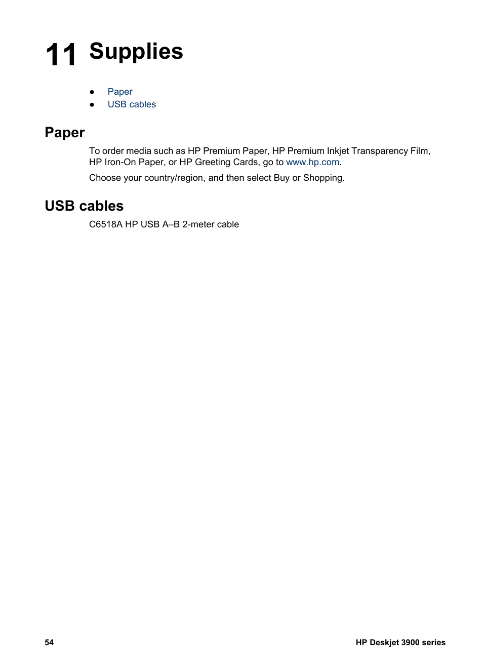 Supplies, Paper, Usb cables | 11 supplies, Paper usb cables | HP Deskjet 3930 Color Inkjet Printer User Manual | Page 56 / 62