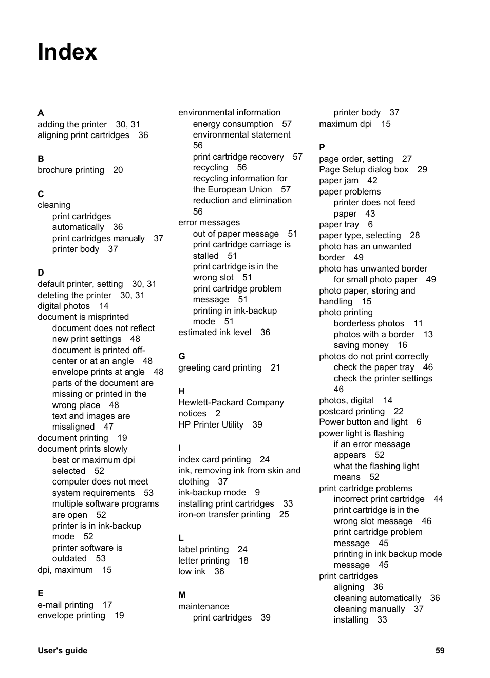 Index | HP Deskjet 3930 Color Inkjet Printer User Manual | Page 61 / 62