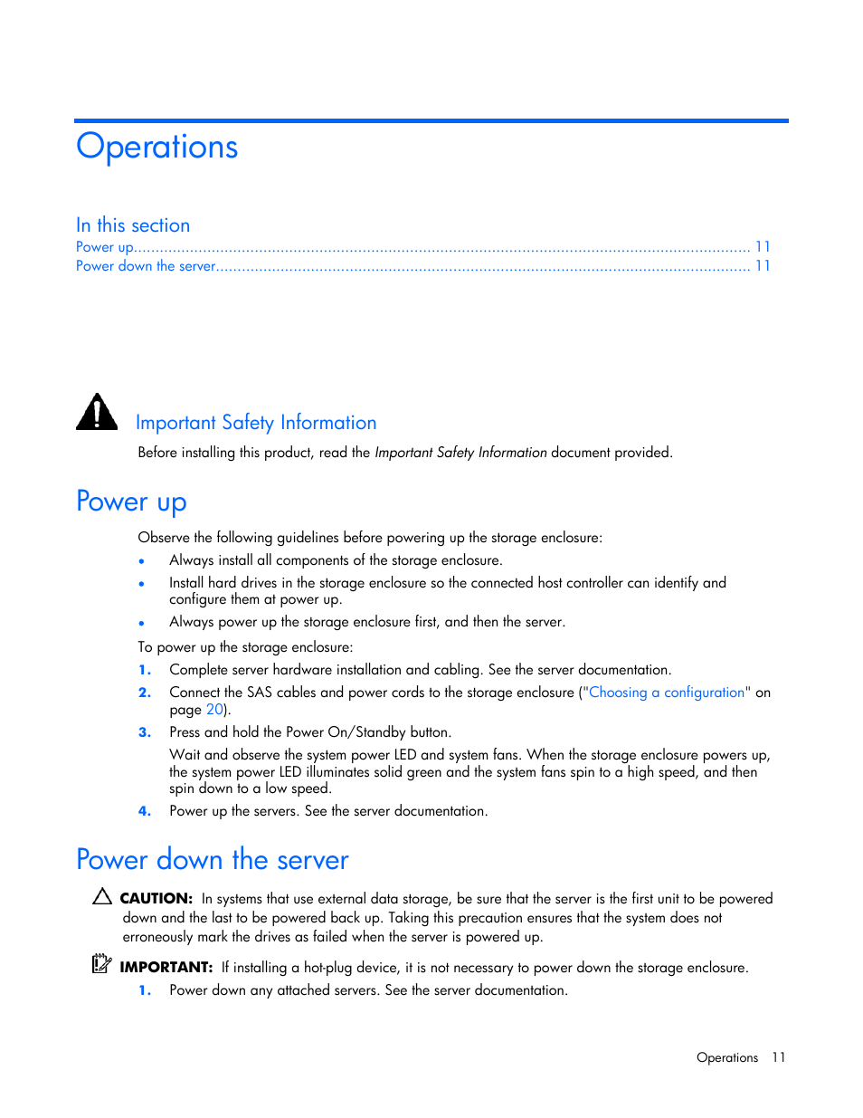 Operations, Power up, Power down the server | Important safety information | HP 60-Modular-Smart-Array User Manual | Page 11 / 52