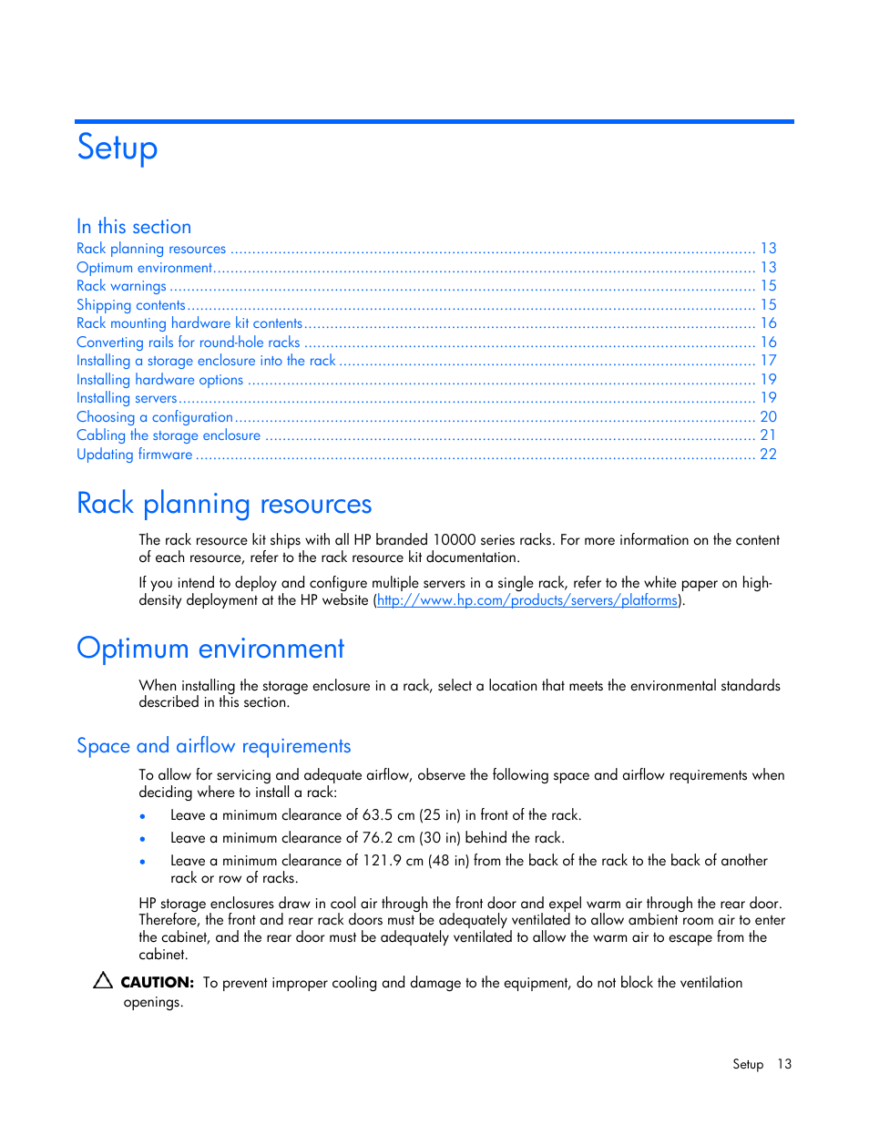 Setup, Rack planning resources, Optimum environment | Space and airflow requirements | HP 60-Modular-Smart-Array User Manual | Page 13 / 52