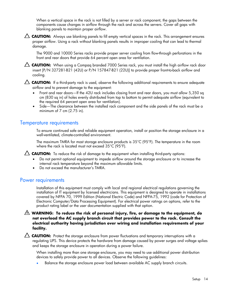 Temperature requirements, Power requirements | HP 60-Modular-Smart-Array User Manual | Page 14 / 52