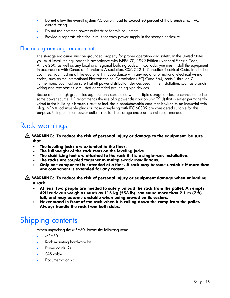 Electrical grounding requirements, Rack warnings, Shipping contents | HP 60-Modular-Smart-Array User Manual | Page 15 / 52