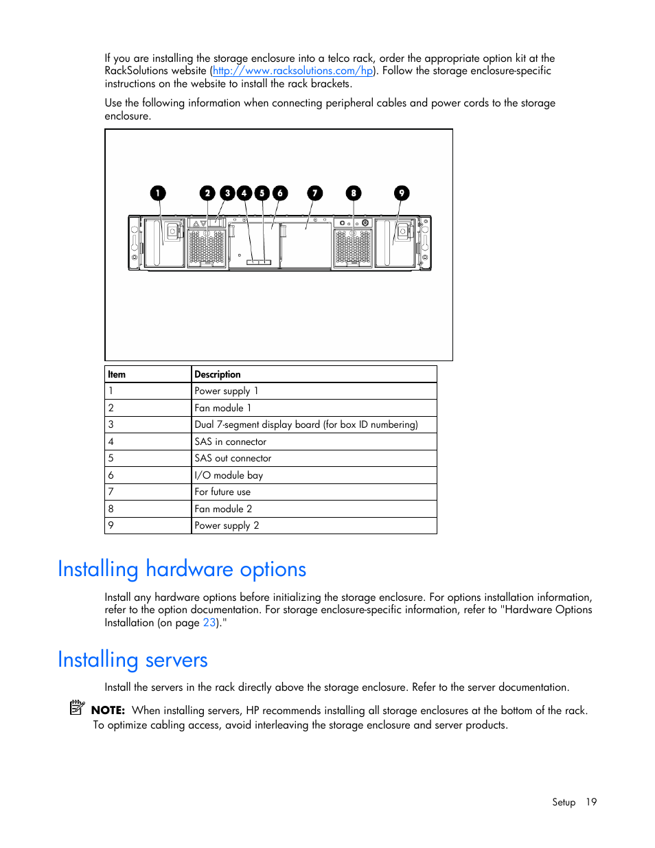 Installing hardware options, Installing servers | HP 60-Modular-Smart-Array User Manual | Page 19 / 52