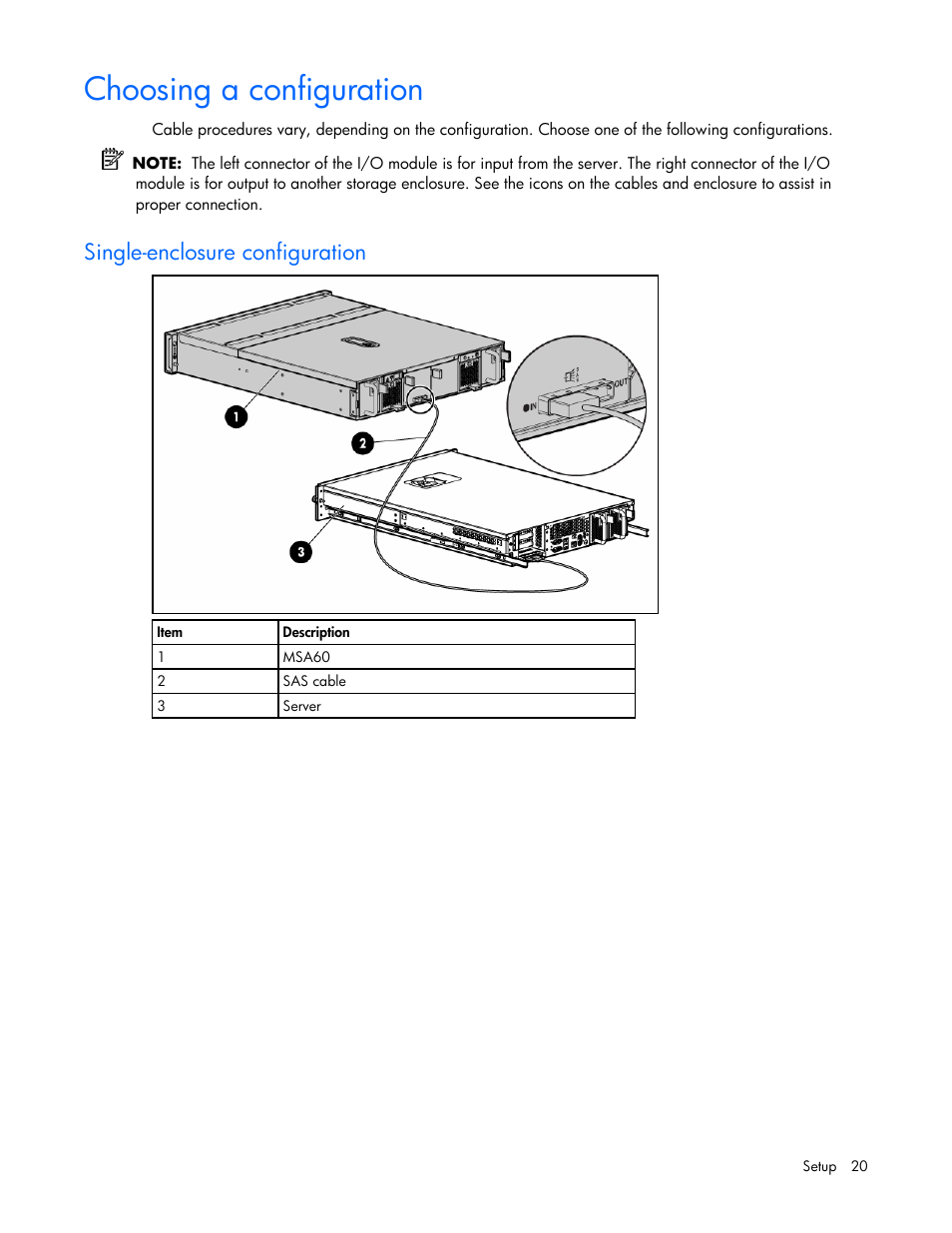 Choosing a configuration, Single-enclosure configuration | HP 60-Modular-Smart-Array User Manual | Page 20 / 52