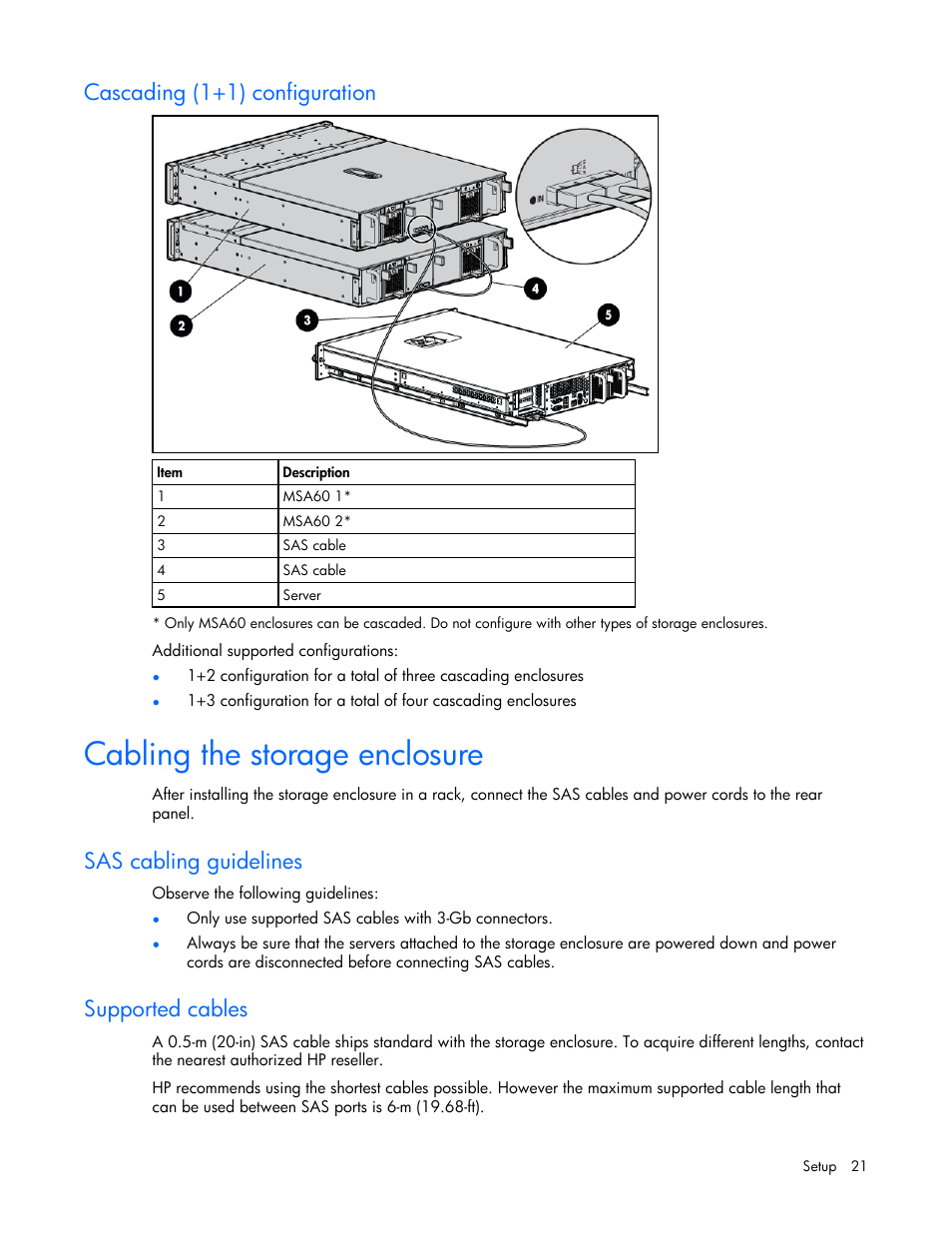 Cascading (1+1) configuration, Cabling the storage enclosure, Sas cabling guidelines | Supported cables | HP 60-Modular-Smart-Array User Manual | Page 21 / 52