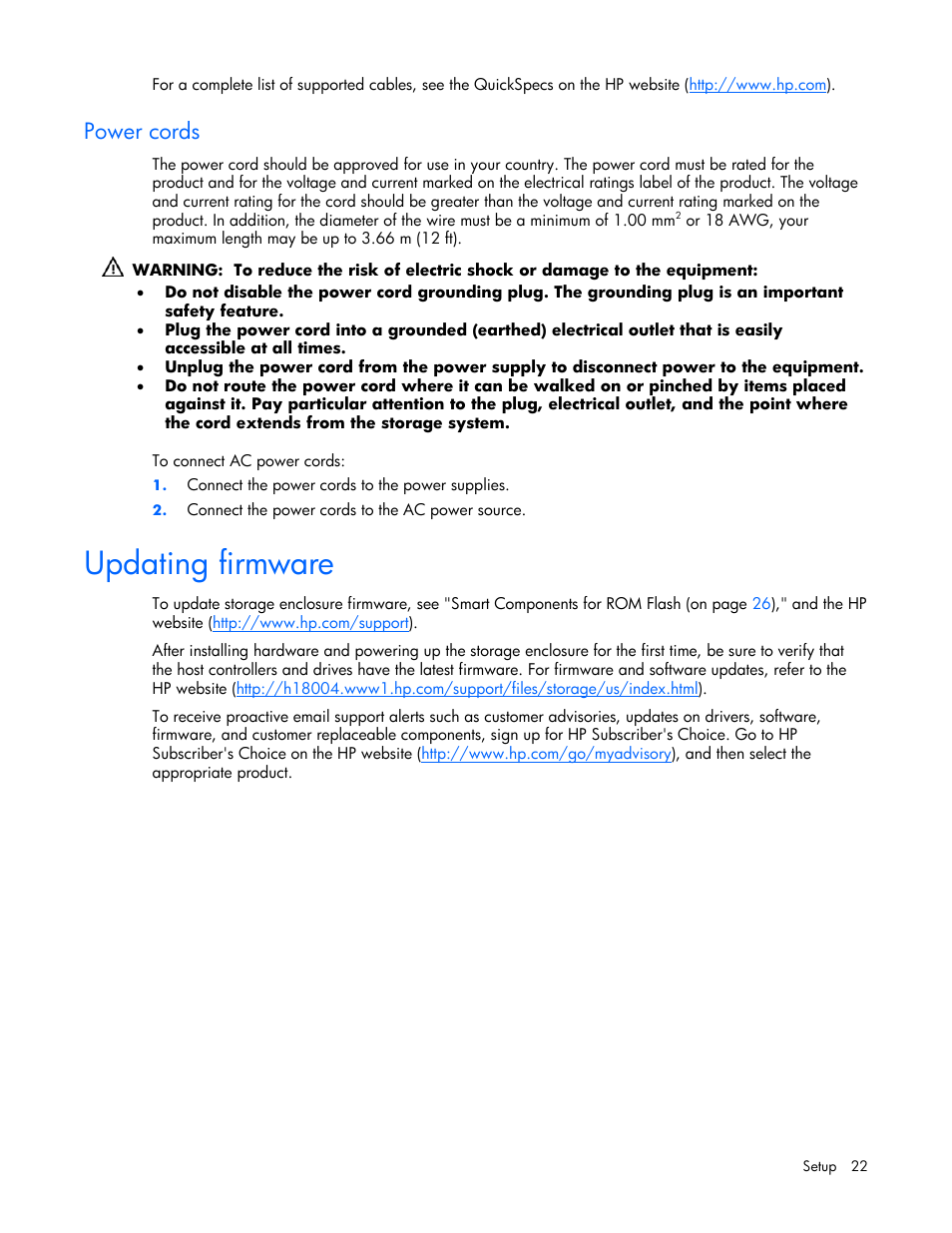 Power cords, Updating firmware | HP 60-Modular-Smart-Array User Manual | Page 22 / 52