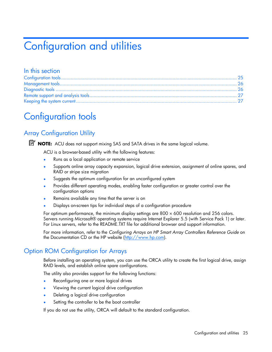 Configuration and utilities, Configuration tools, Array configuration utility | Option rom configuration for arrays | HP 60-Modular-Smart-Array User Manual | Page 25 / 52