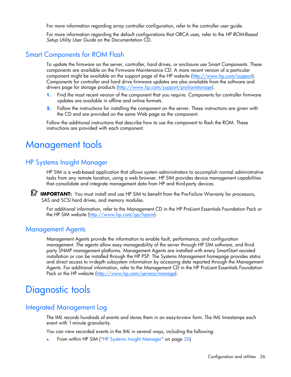 Smart components for rom flash, Management tools, Hp systems insight manager | Management agents, Diagnostic tools, Integrated management log, 26 diagnostic tools | HP 60-Modular-Smart-Array User Manual | Page 26 / 52