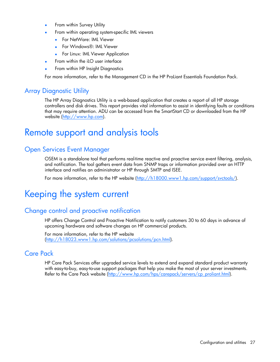 Array diagnostic utility, Remote support and analysis tools, Open services event manager | Keeping the system current, Change control and proactive notification, Care pack | HP 60-Modular-Smart-Array User Manual | Page 27 / 52