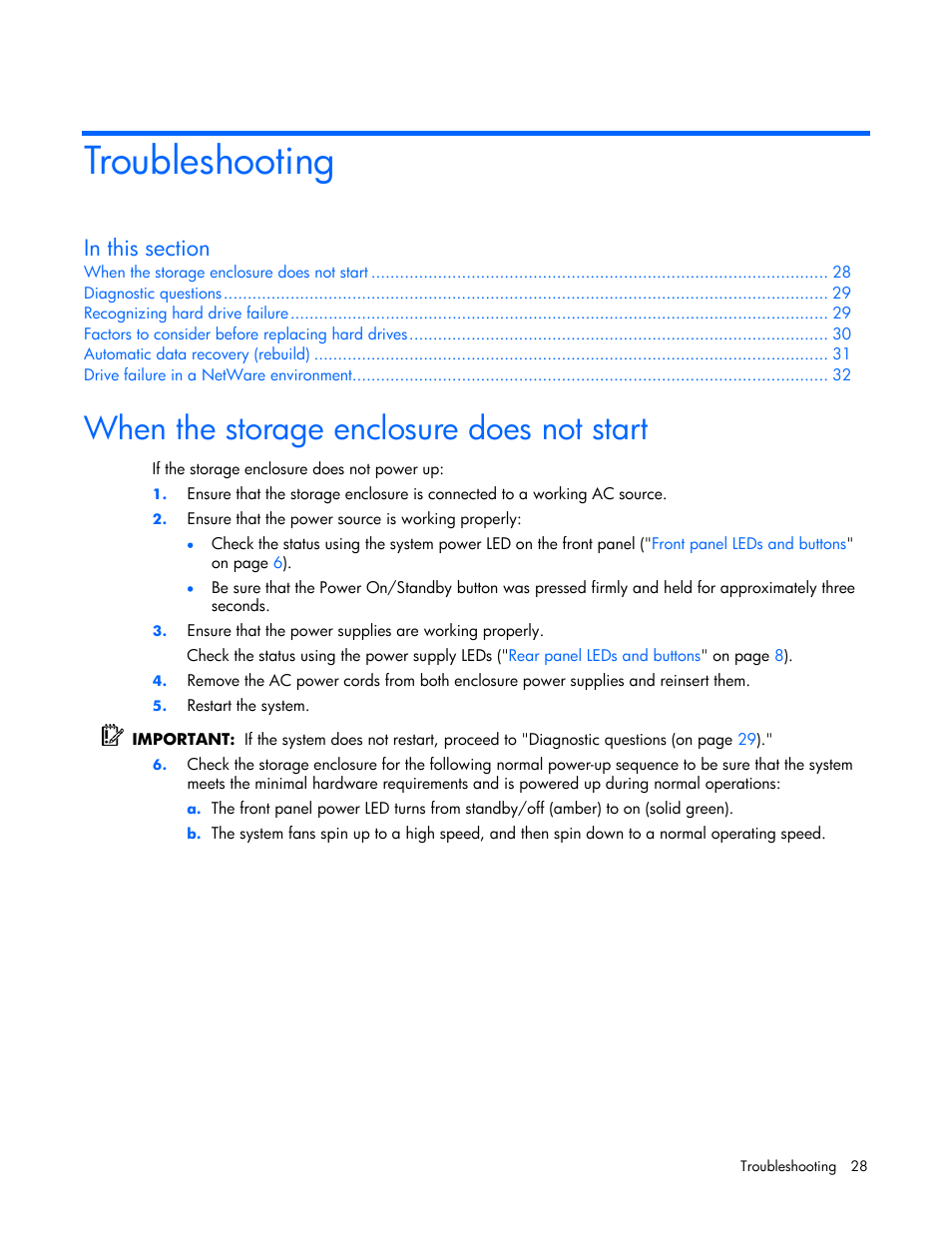 Troubleshooting, When the storage enclosure does not start | HP 60-Modular-Smart-Array User Manual | Page 28 / 52