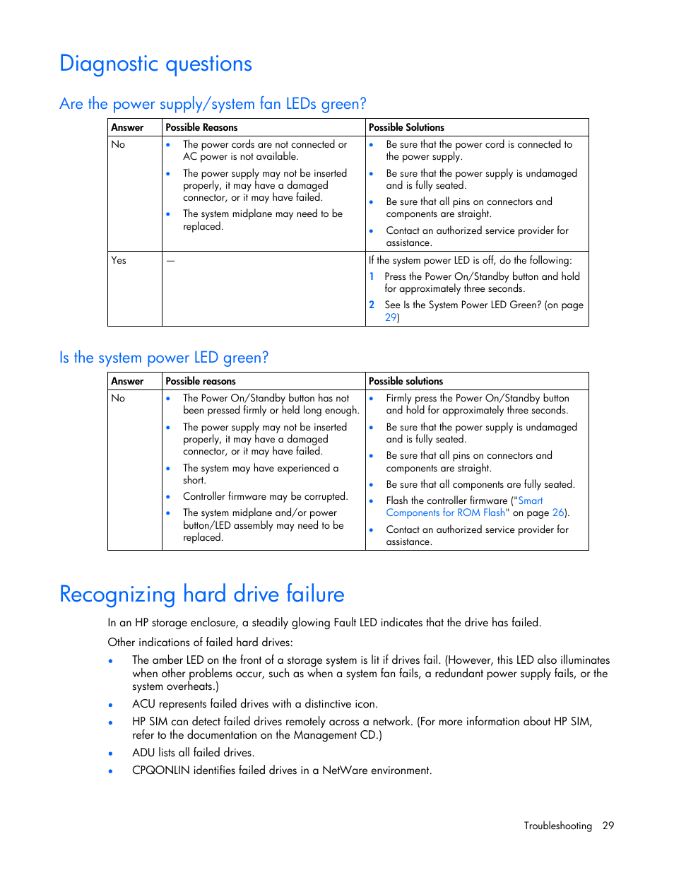 Diagnostic questions, Are the power supply/system fan leds green, Is the system power led green | Recognizing hard drive failure, 29 recognizing hard drive failure | HP 60-Modular-Smart-Array User Manual | Page 29 / 52