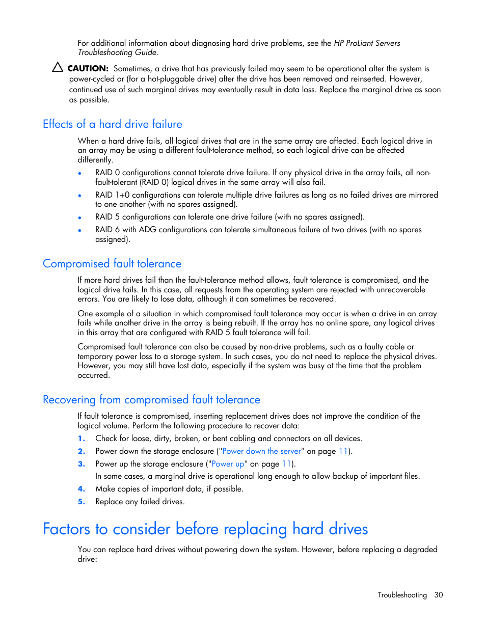 Effects of a hard drive failure, Compromised fault tolerance, Recovering from compromised fault tolerance | Factors to consider before replacing hard drives | HP 60-Modular-Smart-Array User Manual | Page 30 / 52