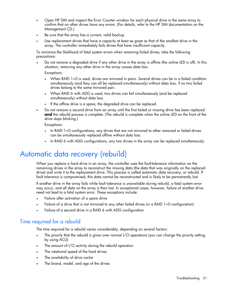 Automatic data recovery (rebuild), Time required for a rebuild | HP 60-Modular-Smart-Array User Manual | Page 31 / 52