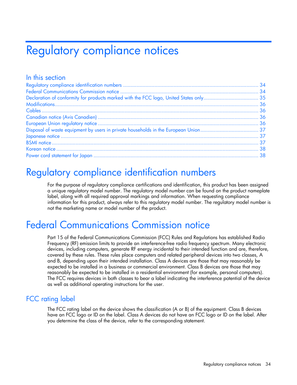 Regulatory compliance notices, Regulatory compliance identification numbers, Federal communications commission notice | Fcc rating label | HP 60-Modular-Smart-Array User Manual | Page 34 / 52