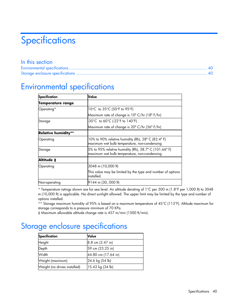 Specifications, Environmental specifications, Storage enclosure specifications | HP 60-Modular-Smart-Array User Manual | Page 40 / 52