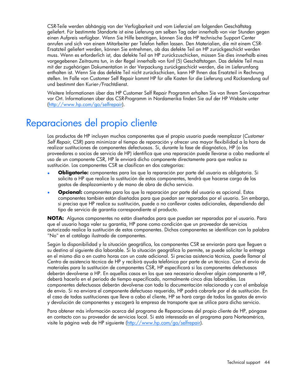 Reparaciones del propio cliente | HP 60-Modular-Smart-Array User Manual | Page 44 / 52