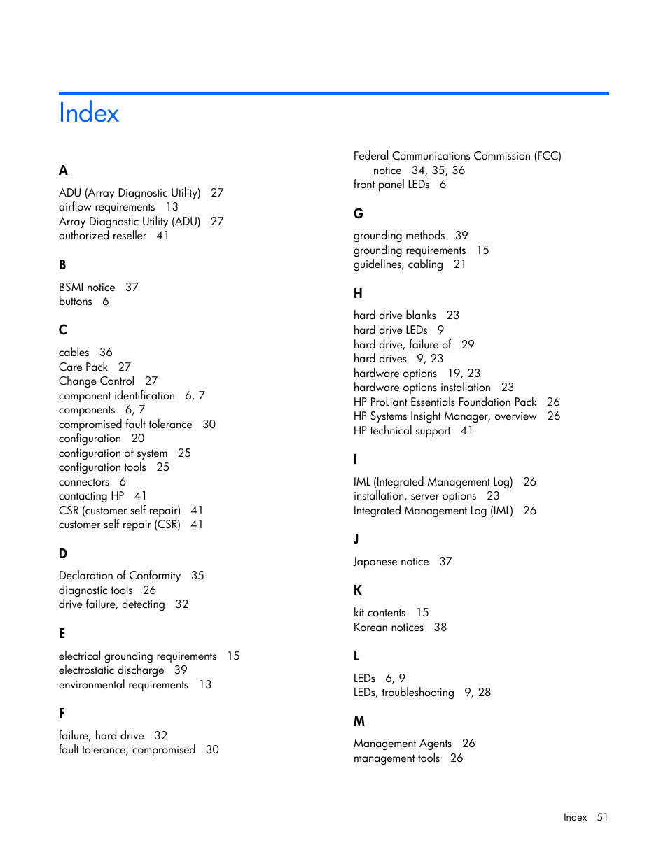 Index | HP 60-Modular-Smart-Array User Manual | Page 51 / 52