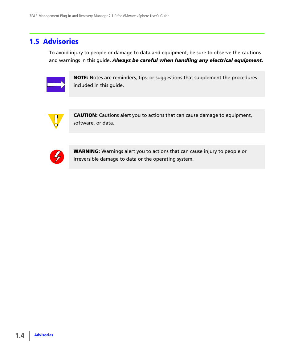 5 advisories, Advisories | HP 3PAR Application Software Suite for VMware User Manual | Page 10 / 120