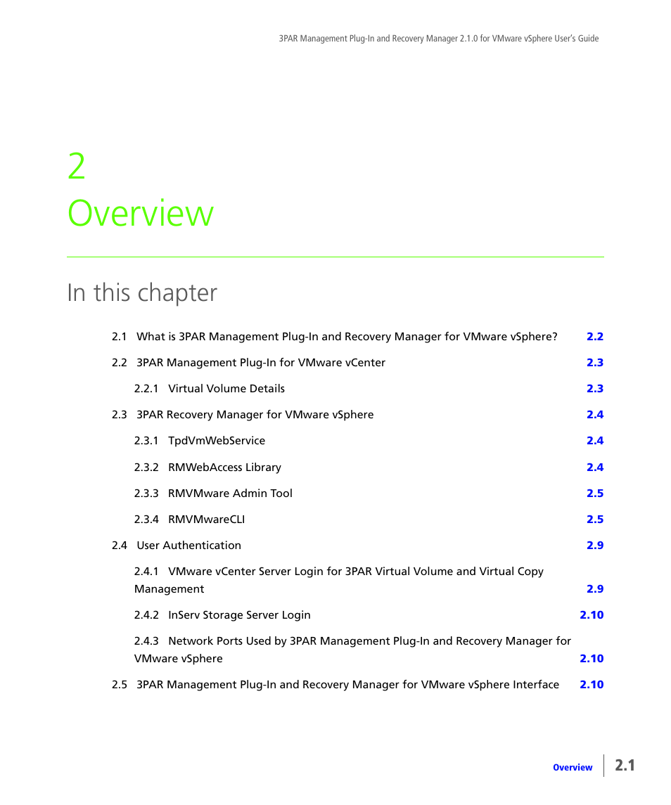 Overview, 2 overview | HP 3PAR Application Software Suite for VMware User Manual | Page 11 / 120