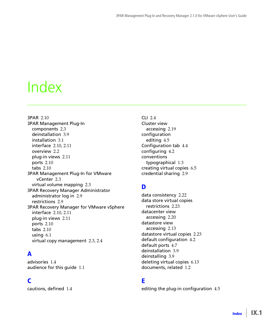 Index, Ix.1 | HP 3PAR Application Software Suite for VMware User Manual | Page 115 / 120