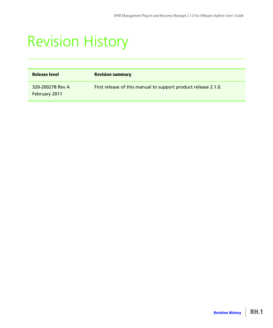 Revision history, Rh.1 | HP 3PAR Application Software Suite for VMware User Manual | Page 119 / 120