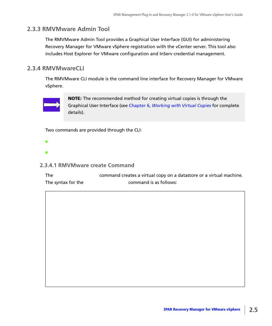 3 rmvmware admin tool, 4 rmvmwarecli, Rmvmware admin tool | Rmvmwarecli, Rmvmware create command | HP 3PAR Application Software Suite for VMware User Manual | Page 15 / 120