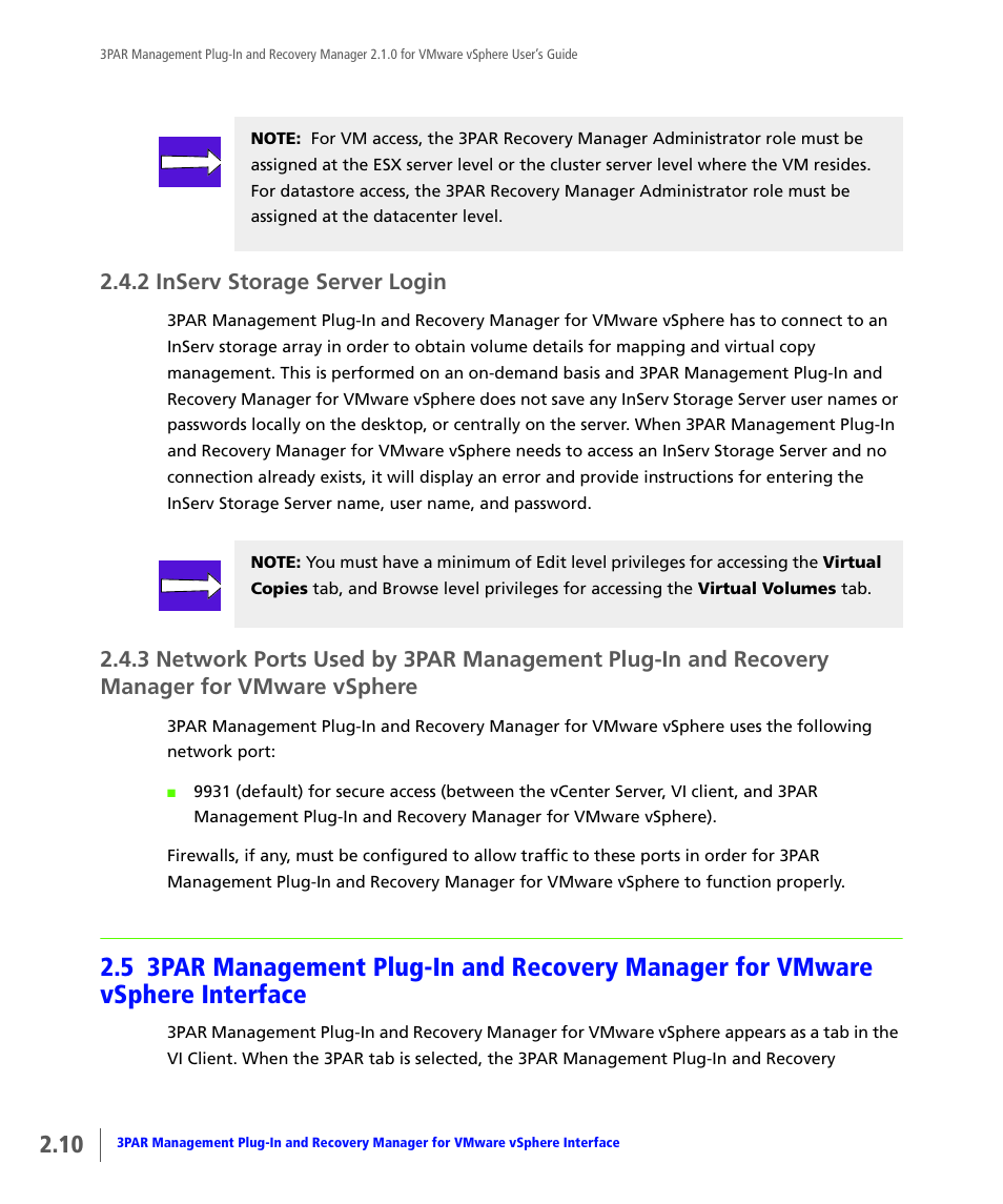 2 inserv storage server login, Inserv storage server login, Vmware vsphere | HP 3PAR Application Software Suite for VMware User Manual | Page 20 / 120