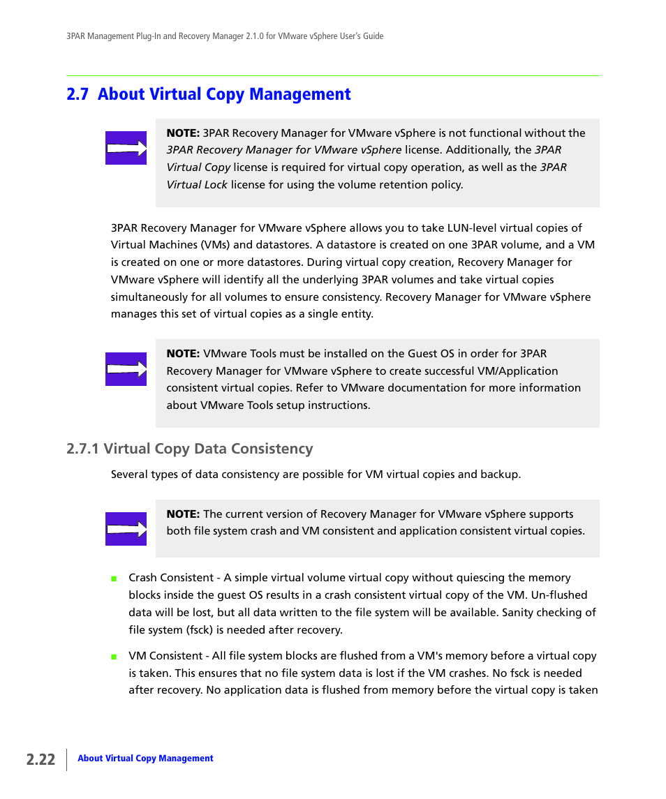 7 about virtual copy management, 1 virtual copy data consistency, About virtual copy management | Virtual copy data consistency | HP 3PAR Application Software Suite for VMware User Manual | Page 32 / 120